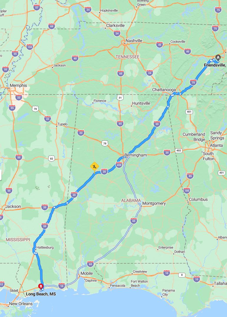 driving from Friendsville, Tennessee to Long BeachMississippi - map and route