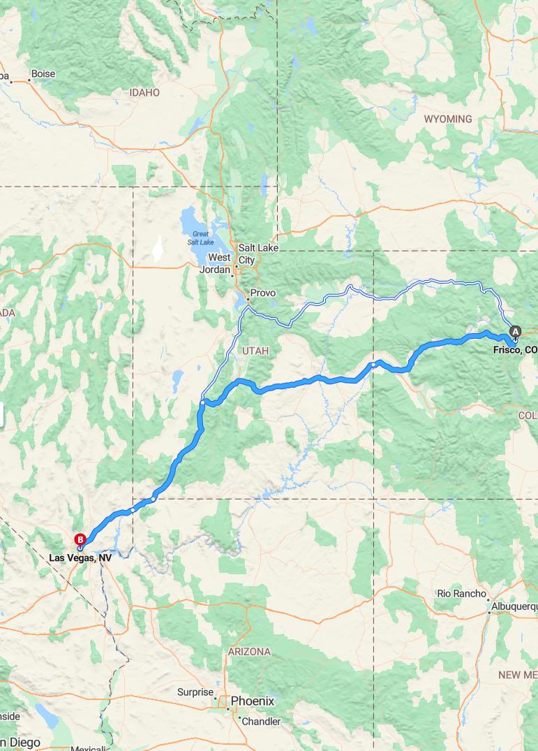 driving from Frisco, Colorado to Las VegasNevada - map and route