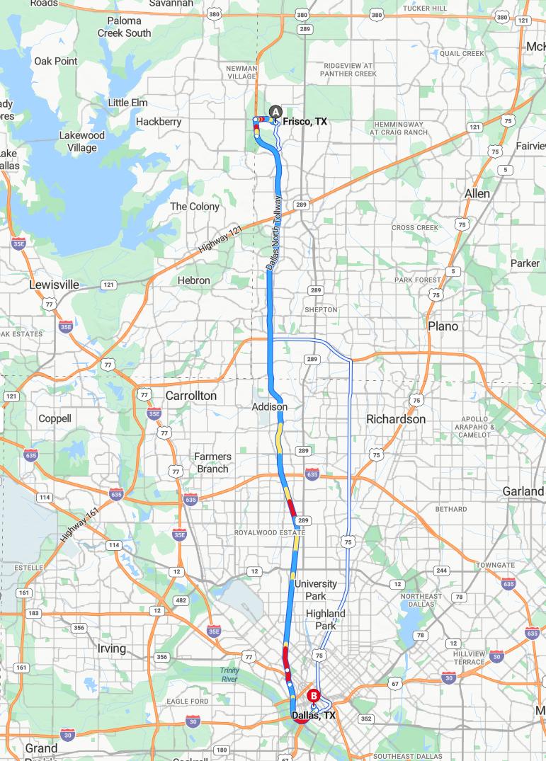 driving from Frisco, Texas to DallasTexas - map and route