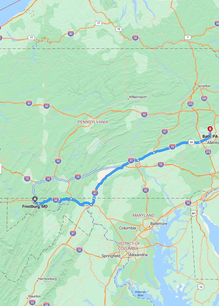 driving from Frostburg, Maryland to BathPennsylvania - map and route