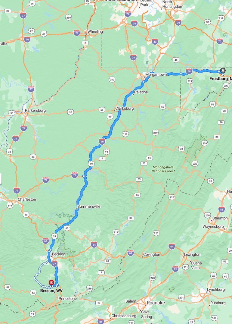 driving from Frostburg, Maryland to BeesonWest Virginia - map and route