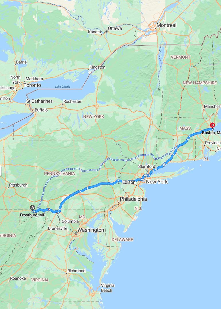 driving from Frostburg, Maryland to BostonMassachusetts - map and route