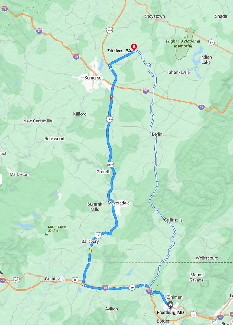 driving from Frostburg, Maryland to FridensPennsylvania - map and route