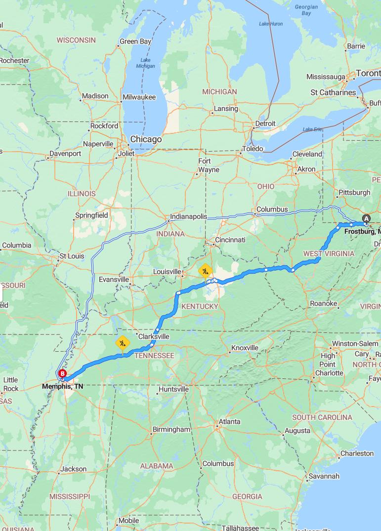 driving from Frostburg, Maryland to MemphisTennessee - map and route