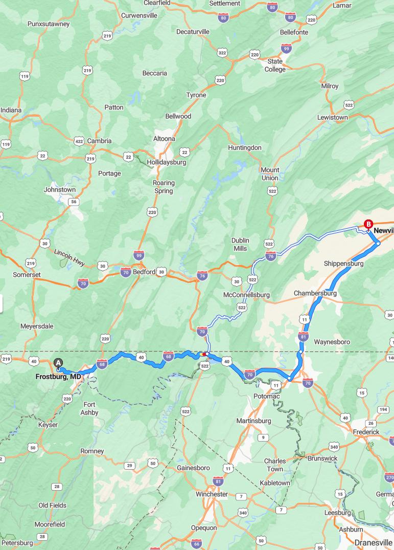 driving from Frostburg, Maryland to NewvillePennsylvania - map and route
