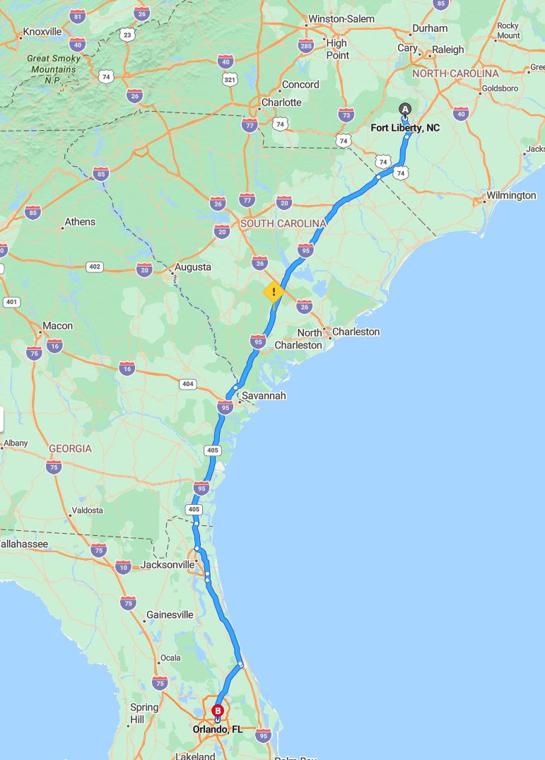 driving from Ft Bragg, North Carolina to OrlandoFlorida - map and route
