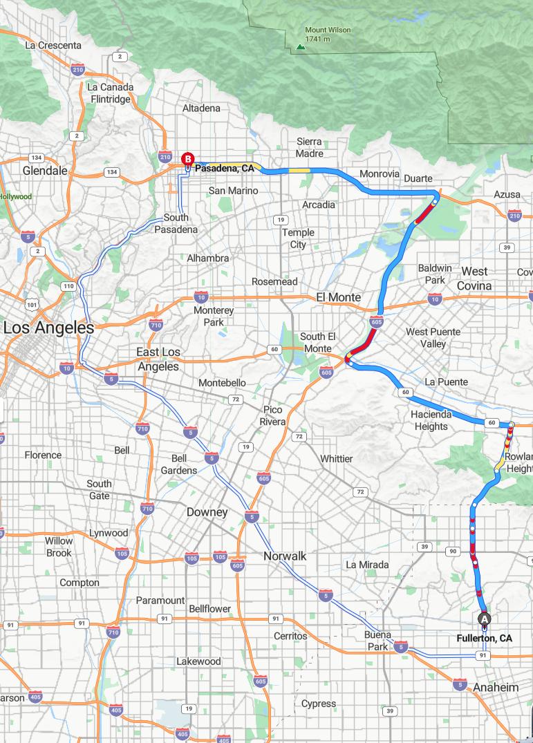 driving from Fullerton, California to PasadenaCalifornia - map and route