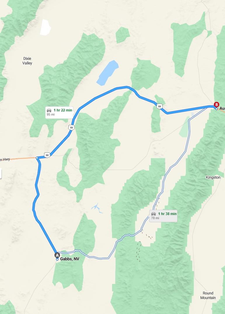 driving from Gabbs, Nevada to AustinNevada - map and route