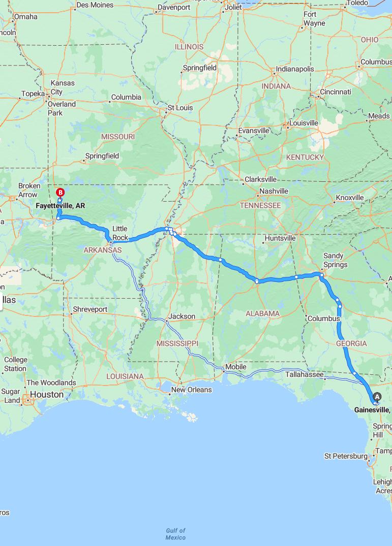 driving from Gainesville, Florida to FayettevilleArkansas - map and route