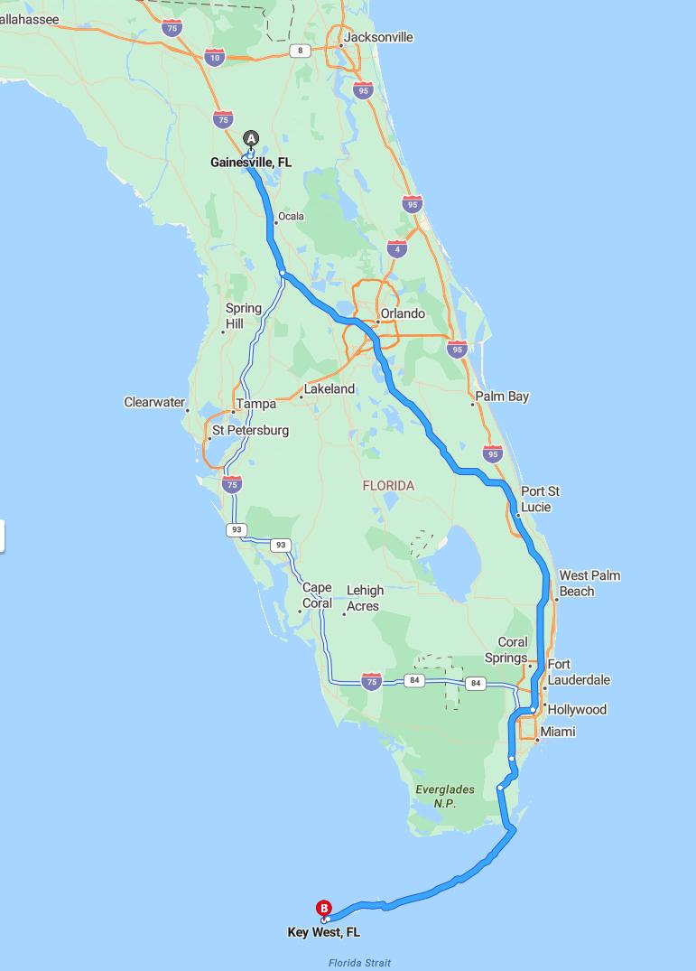 driving from Gainesville, Florida to Key WestFlorida - map and route