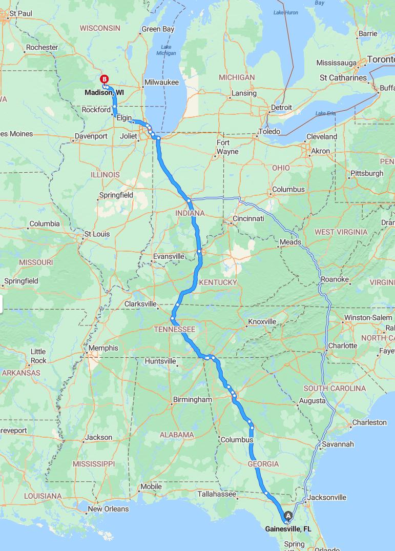 driving from Gainesville, Florida to MadisonWisconsin - map and route