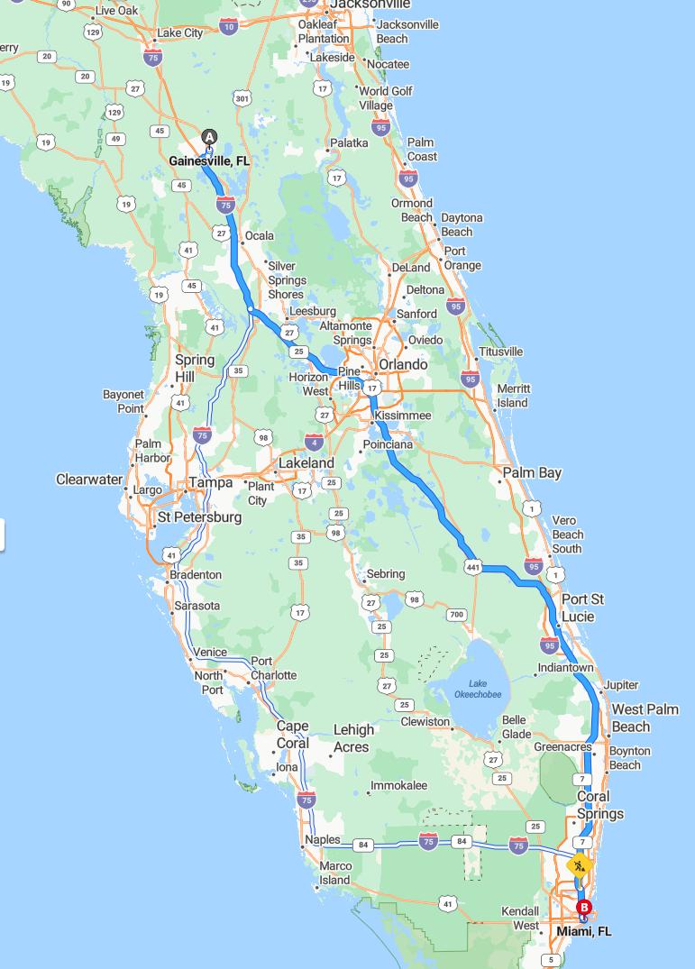 driving from Gainesville, Florida to MiamiFlorida - map and route