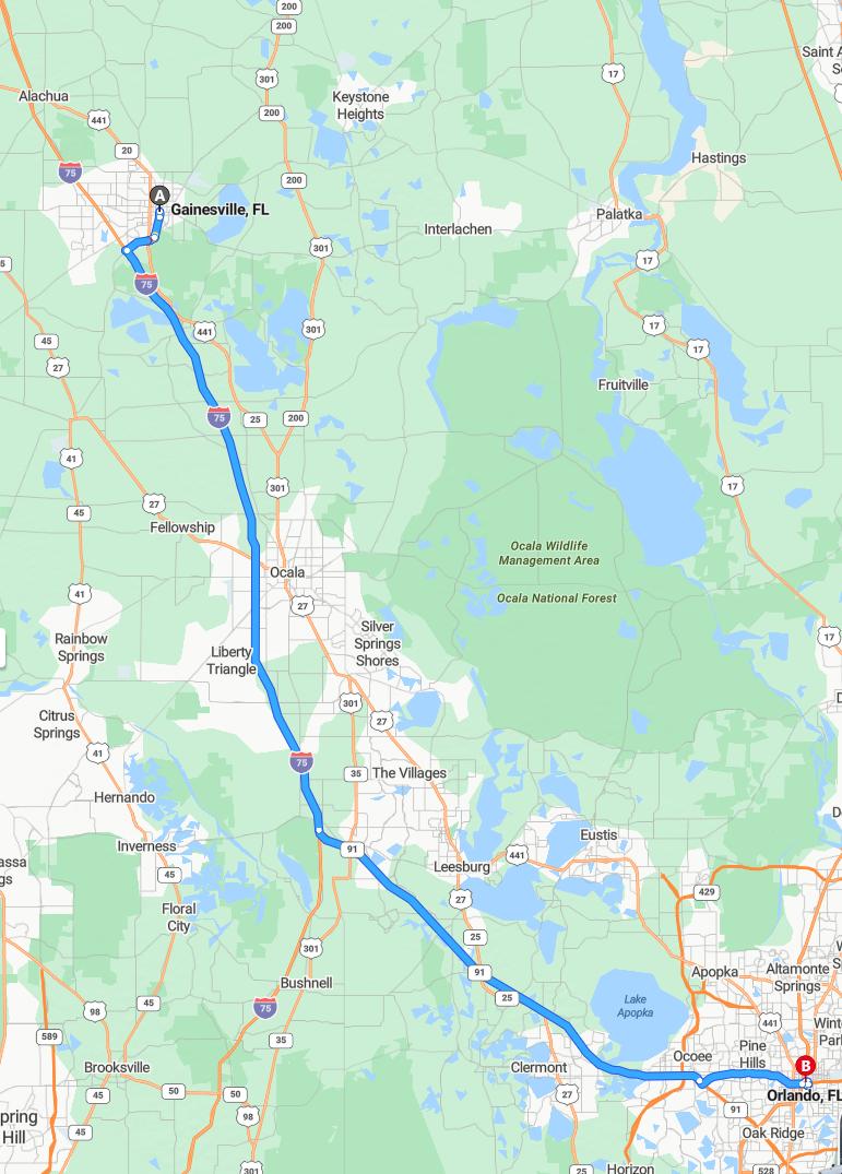 driving from Gainesville, Florida to OrlandoFlorida - map and route