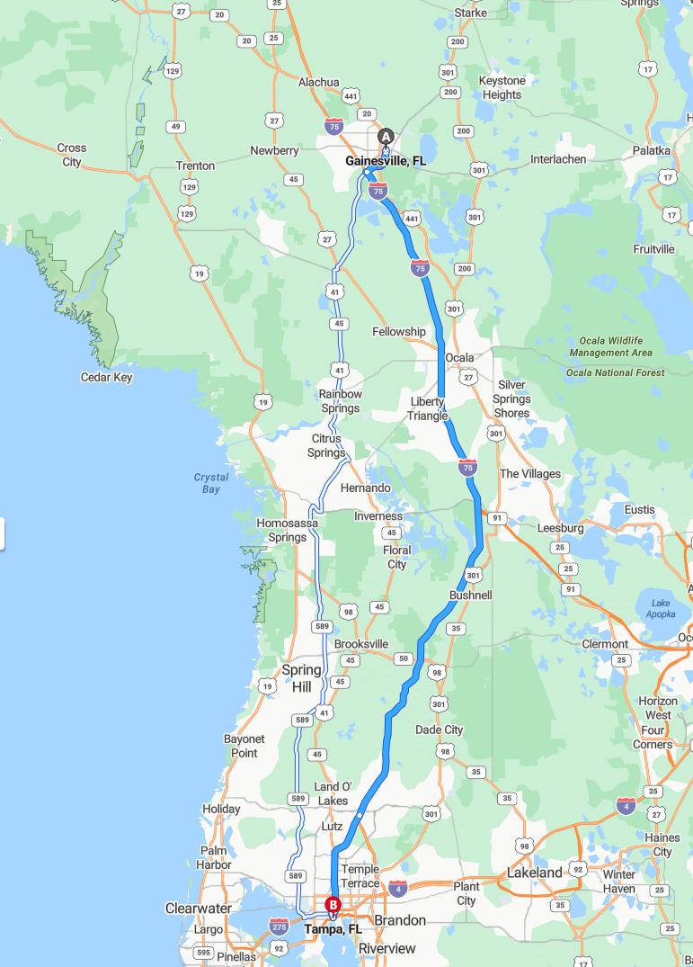 driving from Gainesville, Florida to TampaFlorida - map and route