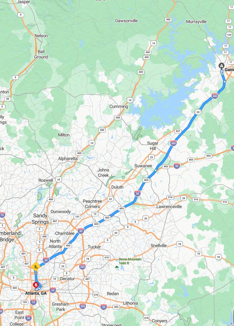 driving from Gainesville, Georgia to AtlantaGeorgia - map and route