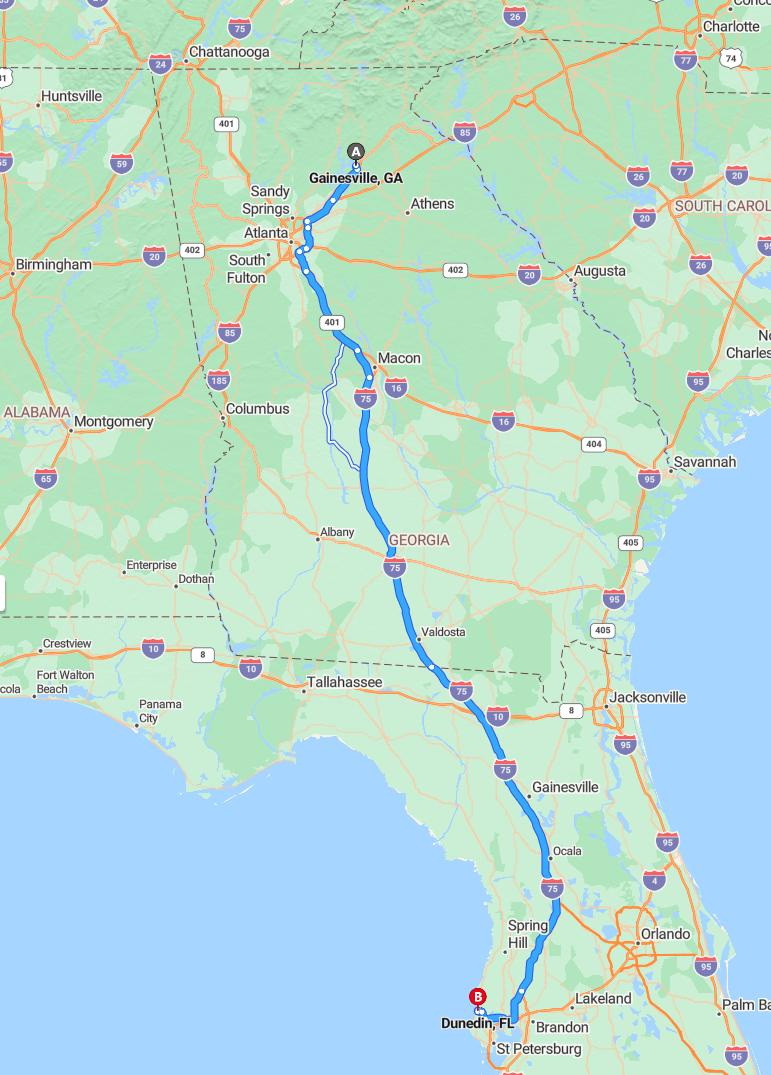 driving from Gainesville, Georgia to DunedinFlorida - map and route