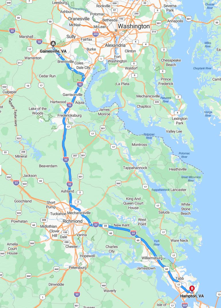 driving from Gainesville, Virginia to HamptonVirginia - map and route