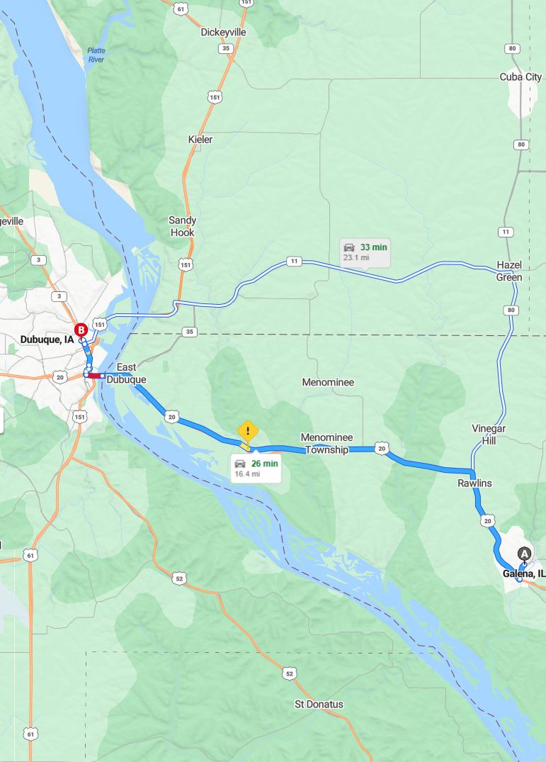 driving from Galena, Illinois to DubuqueIowa - map and route