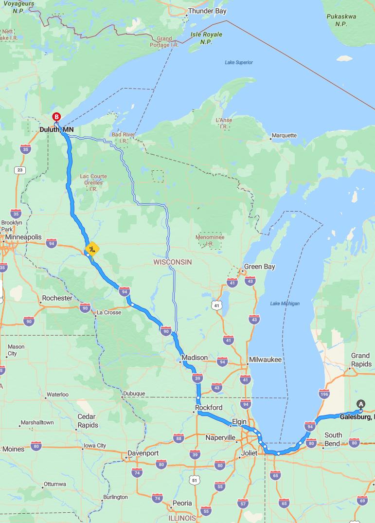 driving from Galesburg, Michigan to DuluthMinnesota - map and route