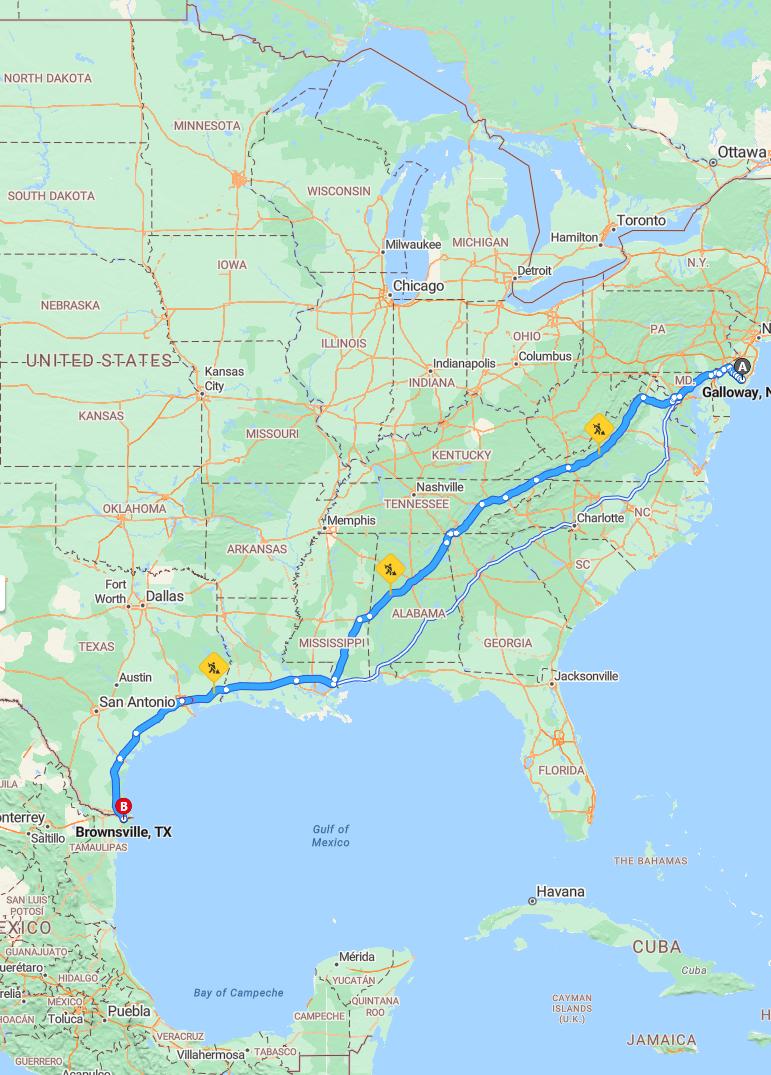 driving from Galloway, New Jersey to BrownsvilleTexas - map and route