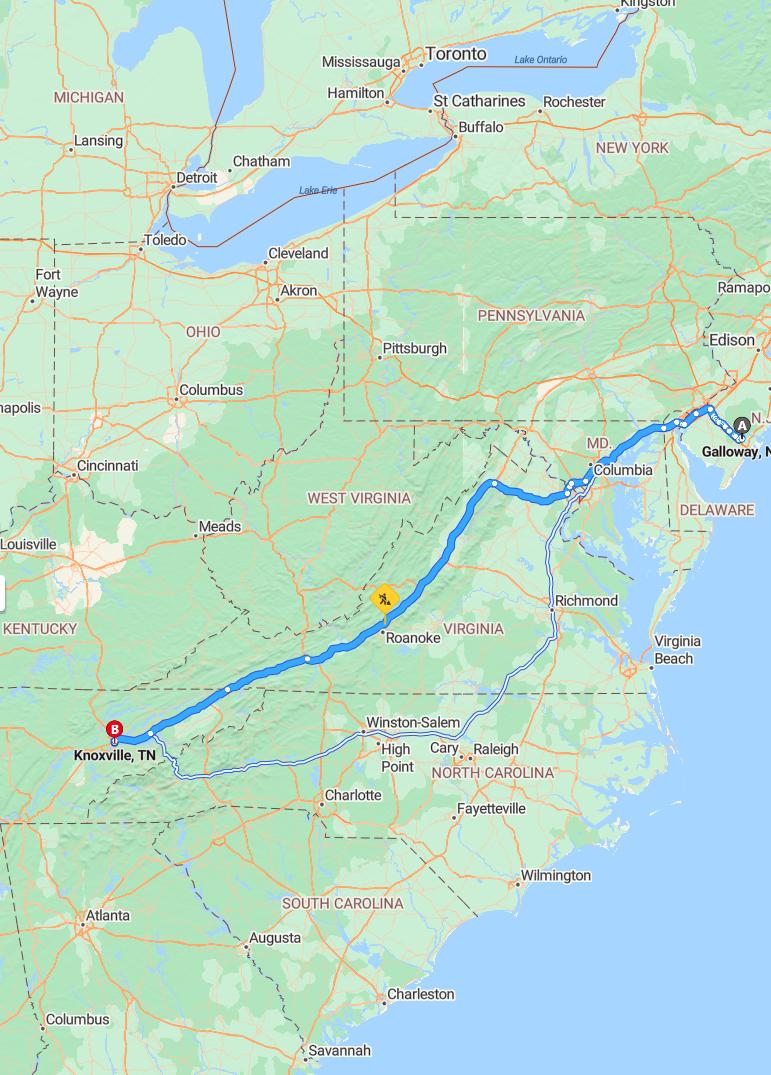 driving from Galloway, New Jersey to KnoxvilleTennessee - map and route