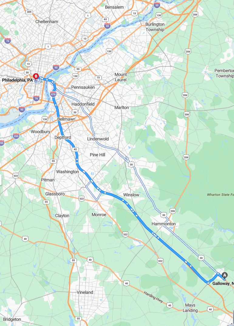 driving from Galloway, New Jersey to PhiladelphiaPennsylvania - map and route