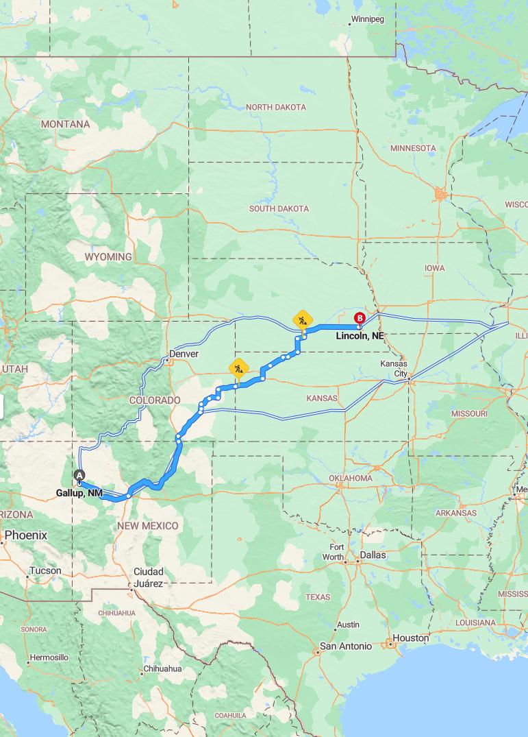driving from Gallup, New Mexico to LincolnNebraska - map and route