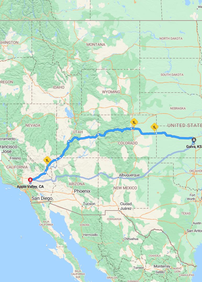 driving from Galva, Kansas to Apple ValleyCalifornia - map and route