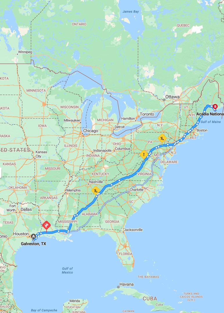 driving from Galveston, Texas to Acadia National ParkMaine - map and route
