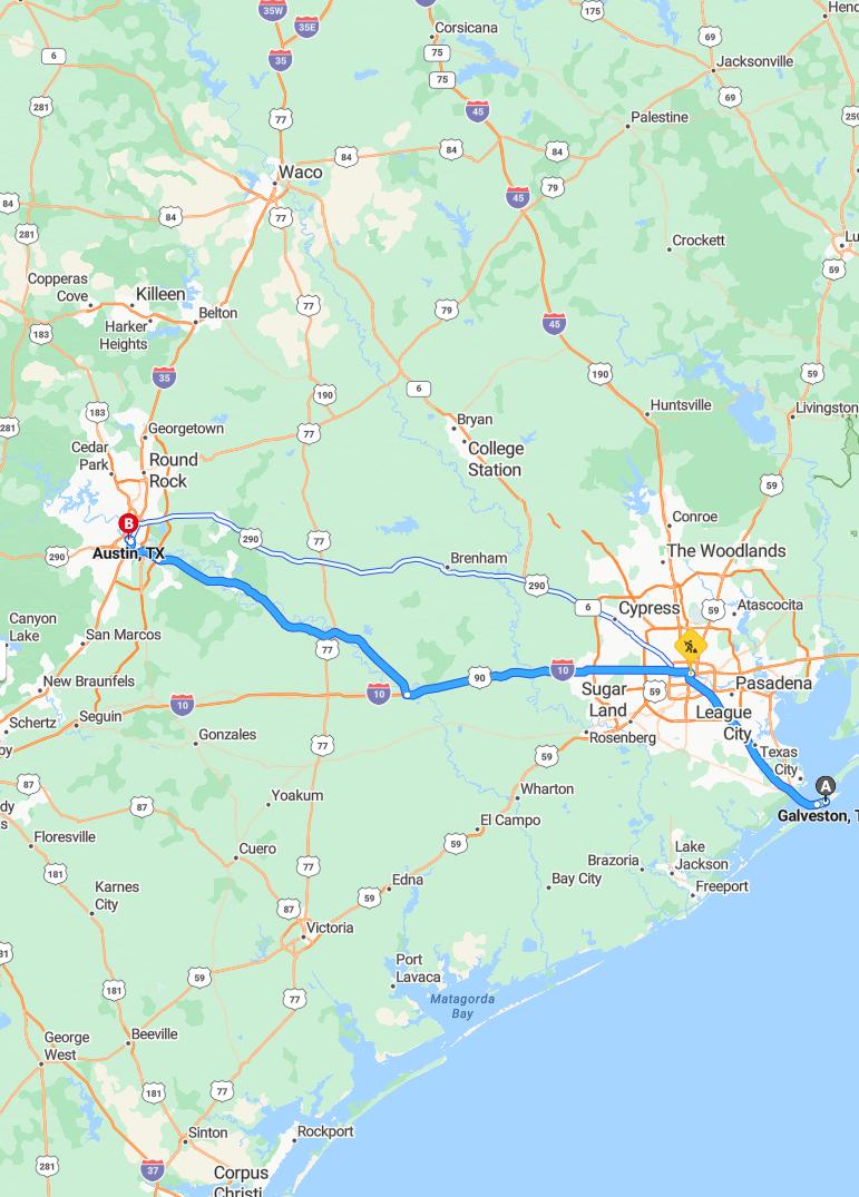 driving from Galveston, Texas to AustinTexas - map and route