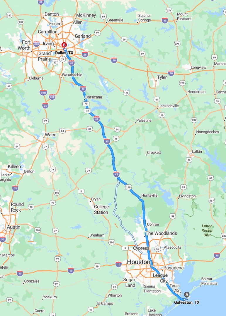 driving from Galveston, Texas to DallasTexas - map and route