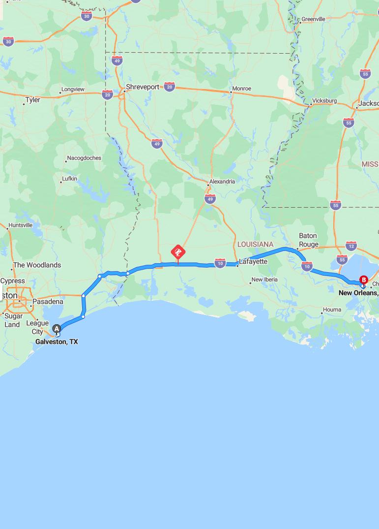 driving from Galveston, Texas to New OrleansLouisiana - map and route