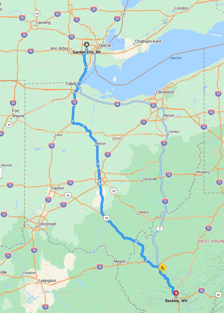 driving from Garden City, Michigan to BeckleyWest Virginia - map and route