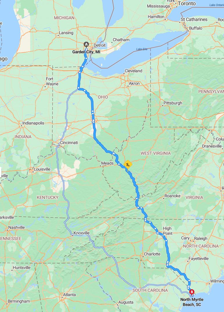 driving from Garden City, Michigan to North Myrtle BeachSouth Carolina - map and route