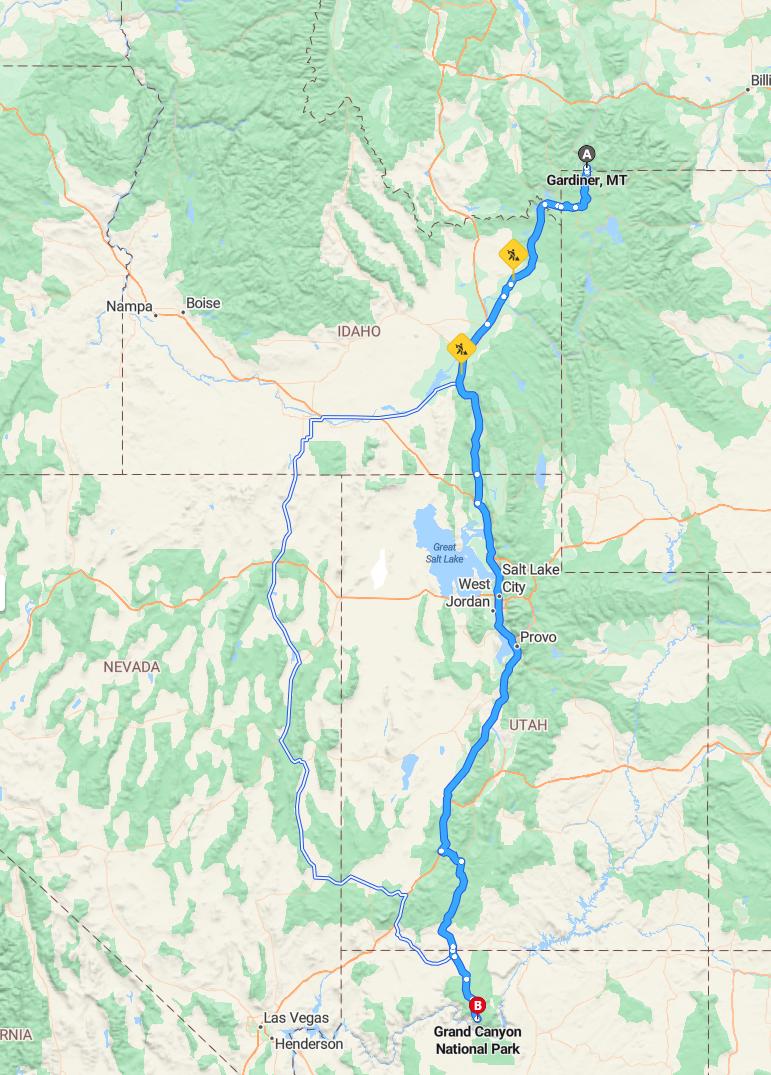 driving from Gardiner, Montana to Grand CanyonArizona - map and route