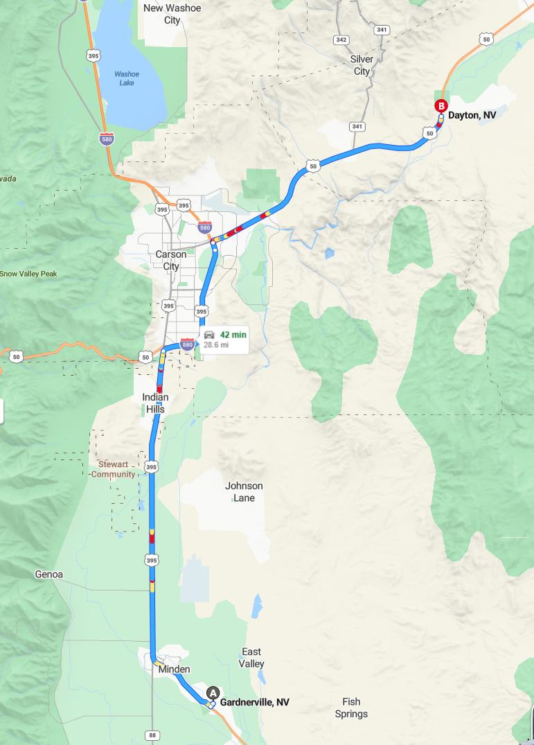 driving from Gardnerville, Nevada to DaytonNevada - map and route