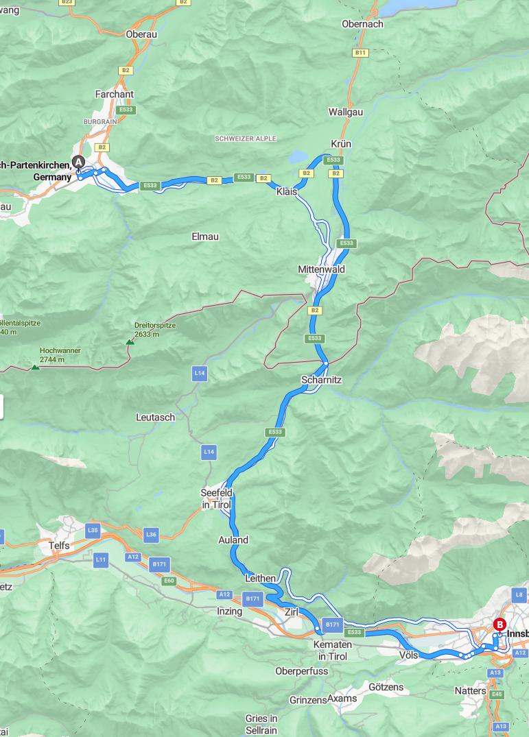 driving from Garmisch-Partenkirchen, Bavaria to InnsbruckTyrol - map and route