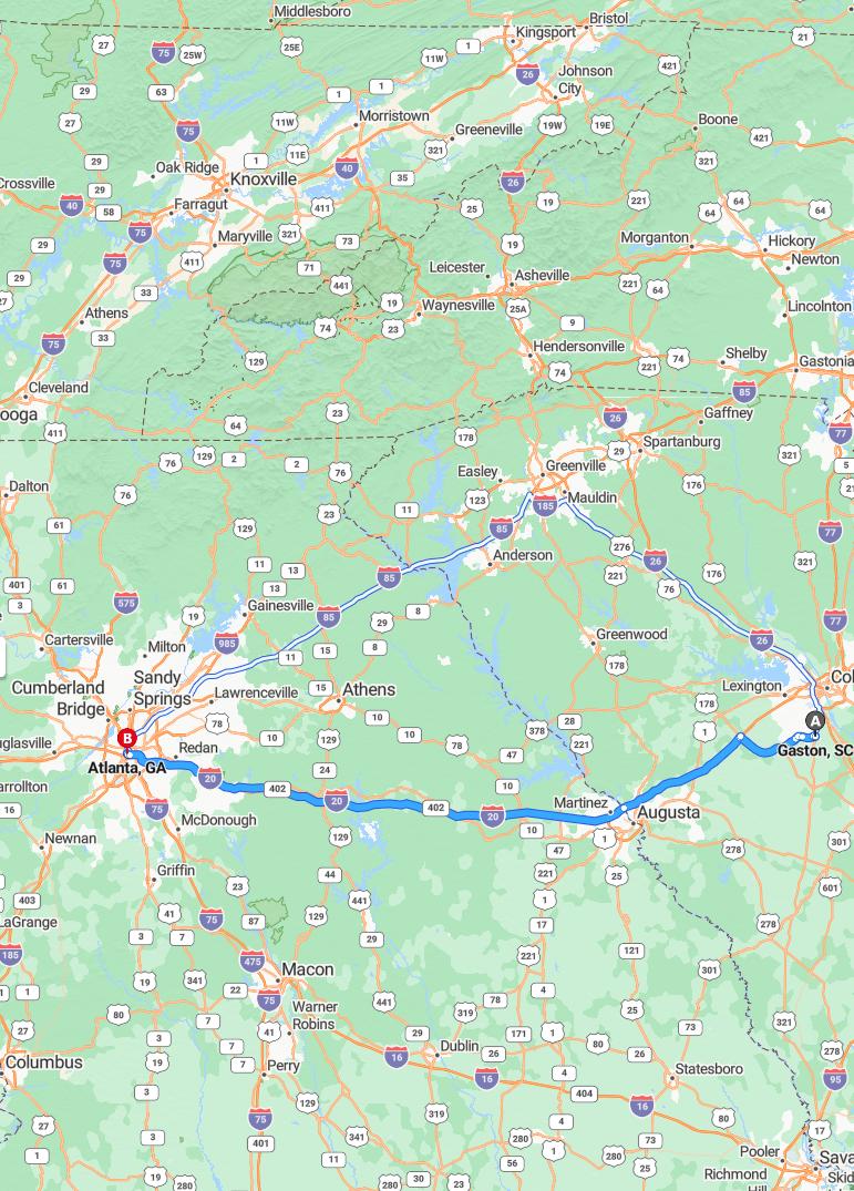 driving from Gaston, South Carolina to AtlantaGeorgia - map and route