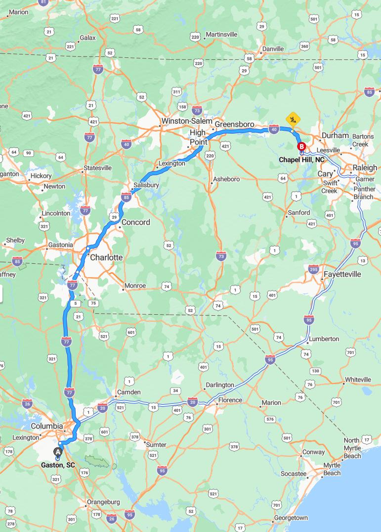 driving from Gaston, South Carolina to Chapel HillNorth Carolina - map and route