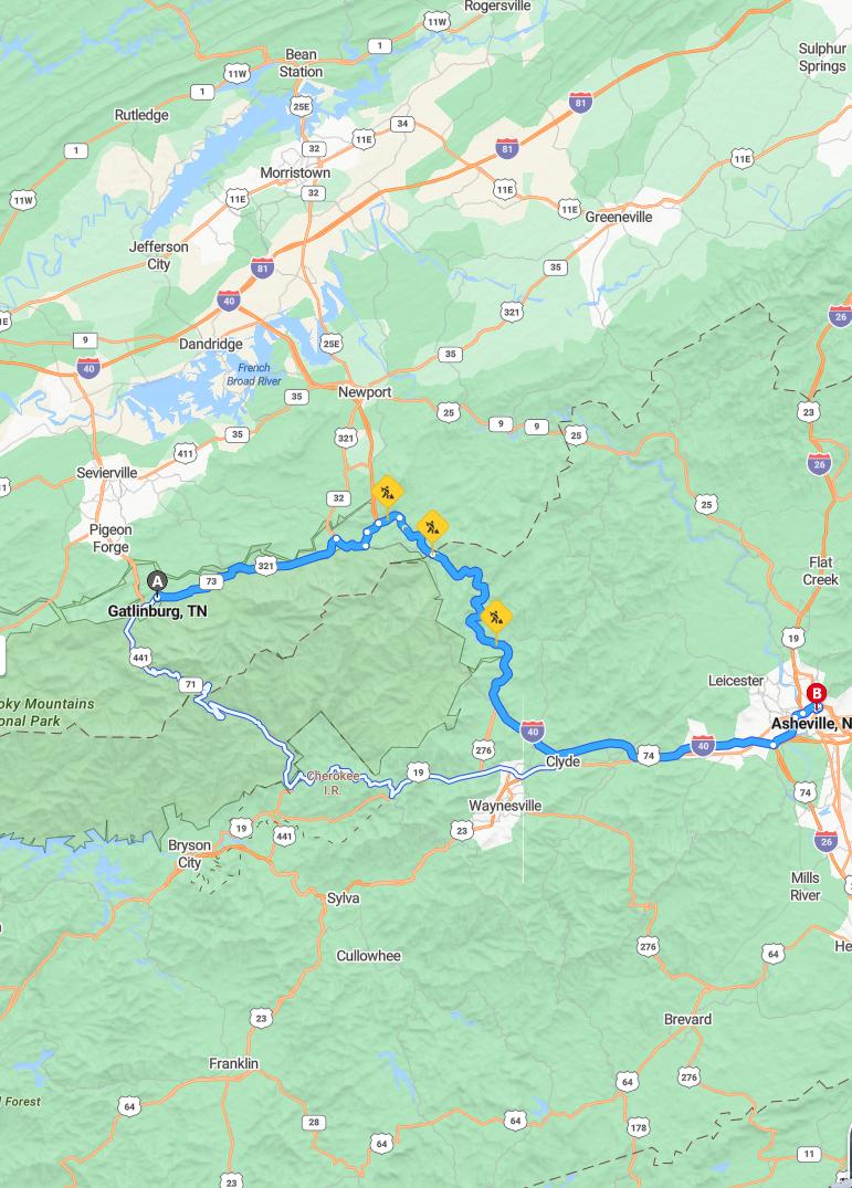 driving from Gatlinburg, Tennessee to AshevilleNorth Carolina - map and route