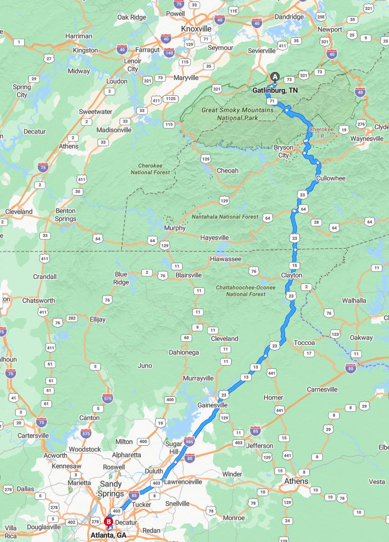 driving from Gatlinburg, Tennessee to AtlantaGeorgia - map and route