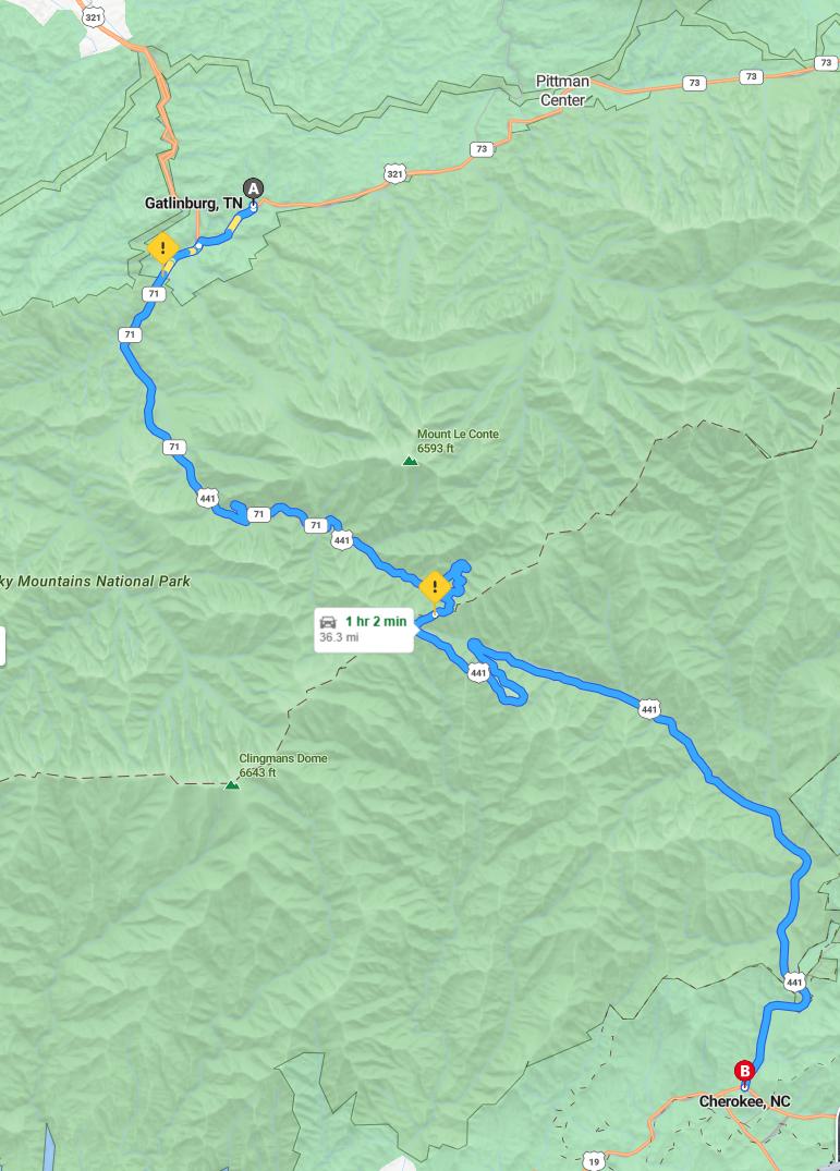 driving from Gatlinburg, Tennessee to CherokeeNorth Carolina - map and route