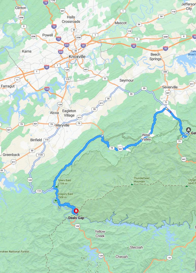 driving from Gatlinburg, Tennessee to Deals GapNorth Carolina - map and route