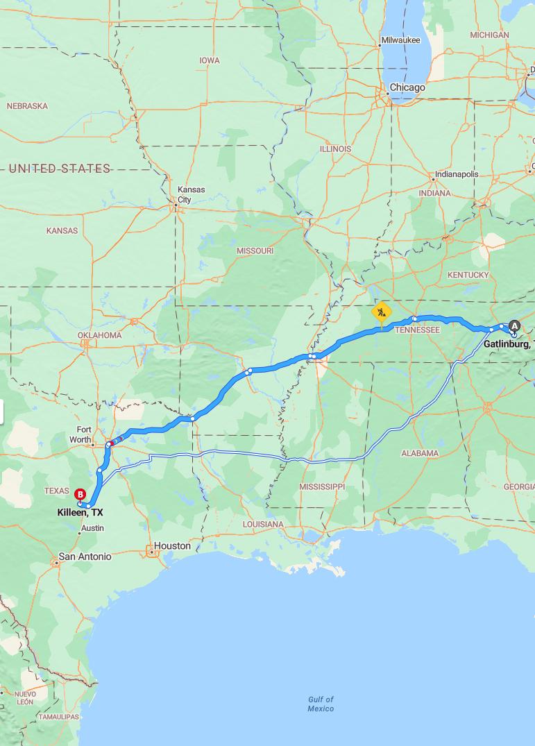 driving from Gatlinburg, Tennessee to KilleenTexas - map and route