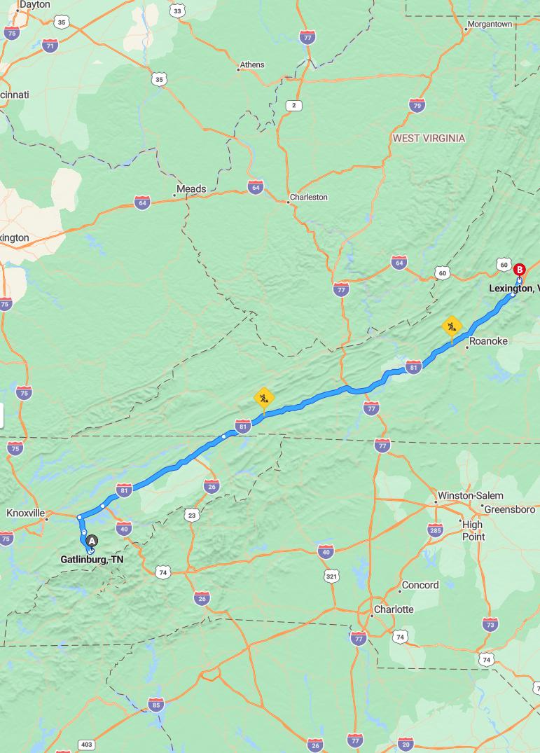 driving from Gatlinburg, Tennessee to LexingtonVirginia - map and route