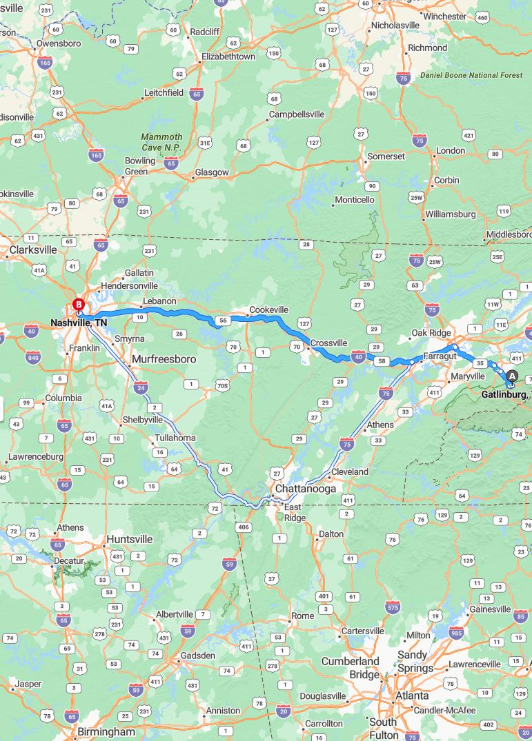 driving from Gatlinburg, Tennessee to NashvilleTennessee - map and route