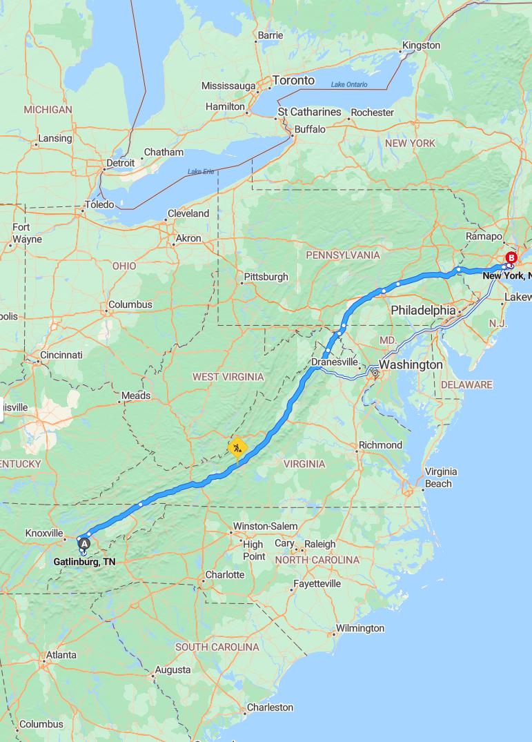 driving from Gatlinburg, Tennessee to New YorkNew York - map and route