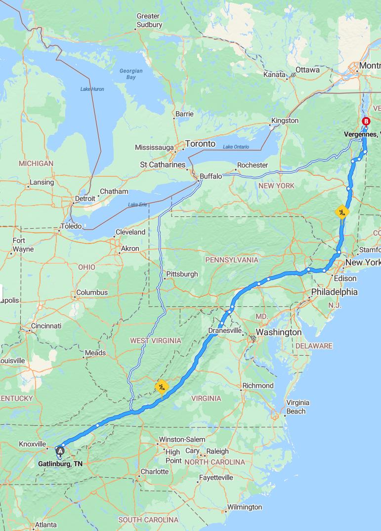 driving from Gatlinburg, Tennessee to VergennesVermont - map and route