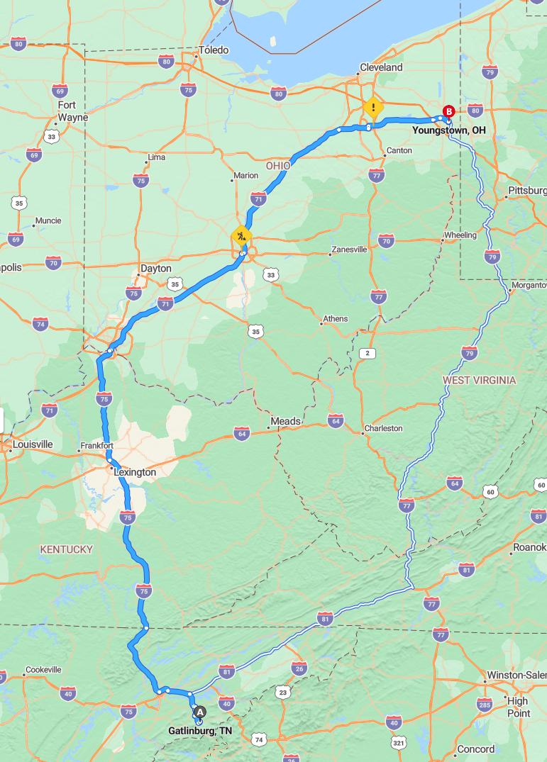 driving from Gatlinburg, Tennessee to YoungstownOhio - map and route