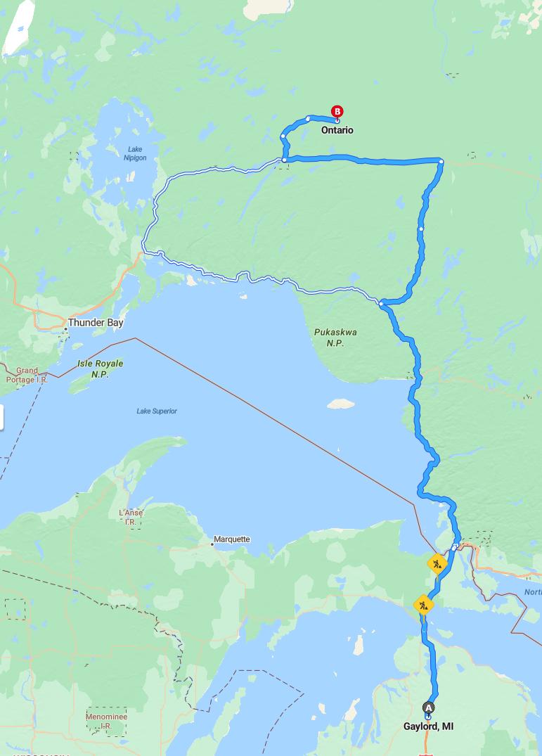 driving from Gaylord, Michigan to OntarioCanada - map and route